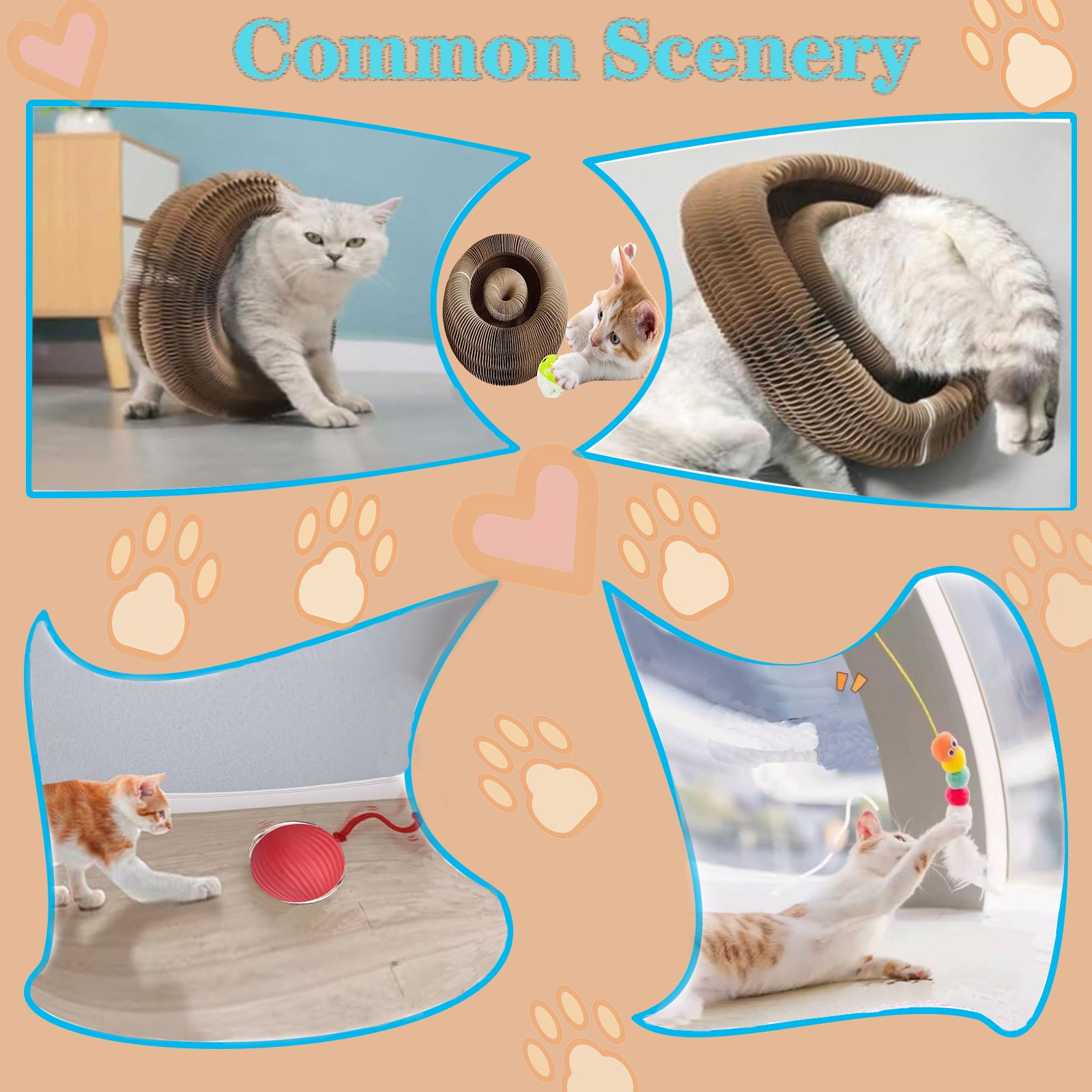 Kitty Curls® Toy Set, Magic Accordion Interactive Scratching Board with Bell Ball, Claw-Grinding Cat Scratching Board, Recyclable and Durable