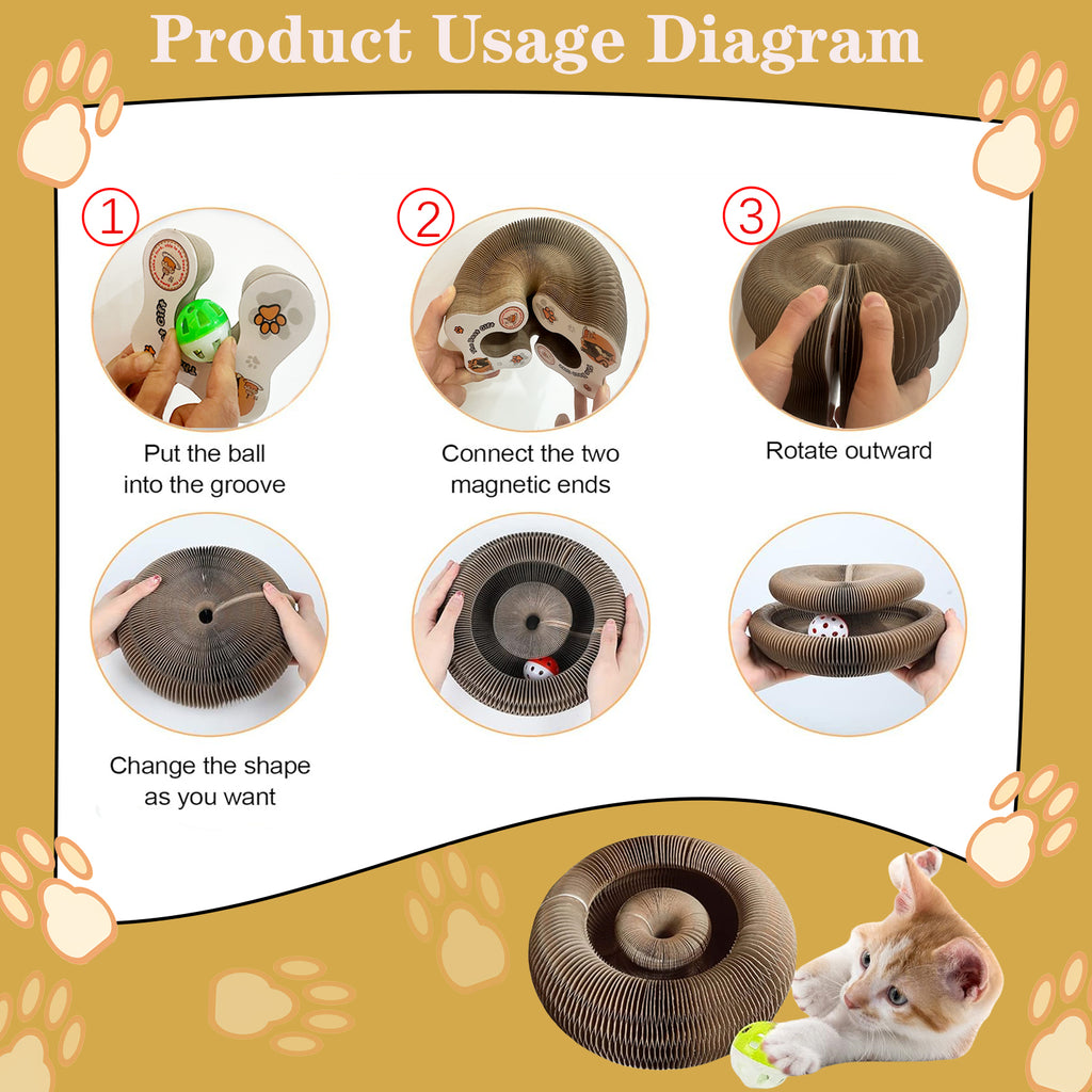 Kitty Curls® Toy Set, Magic Accordion Interactive Scratching Board with Bell Ball, Claw-Grinding Cat Scratching Board, Recyclable and Durable