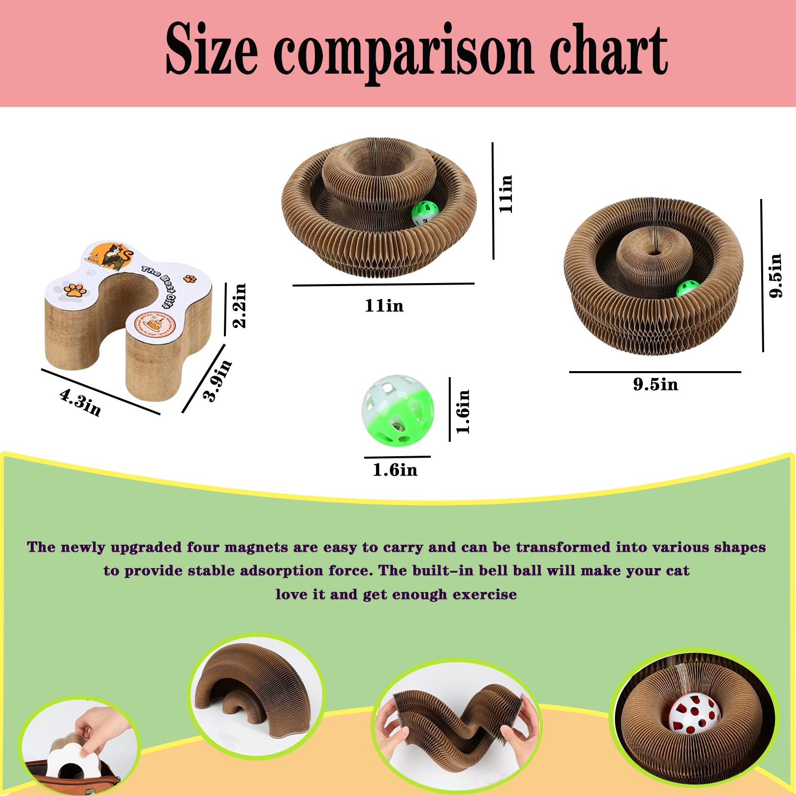 Kitty Curls® Toy Set, Magic Accordion Interactive Scratching Board with Bell Ball, Claw-Grinding Cat Scratching Board, Recyclable and Durable