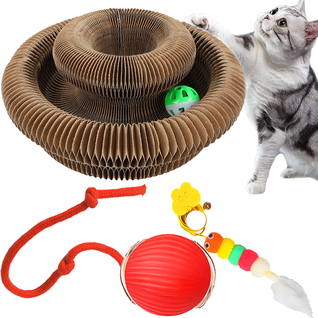 Kitty Curls® Toy Set, Magic Accordion Interactive Scratching Board with Bell Ball, Claw-Grinding Cat Scratching Board, Recyclable and Durable